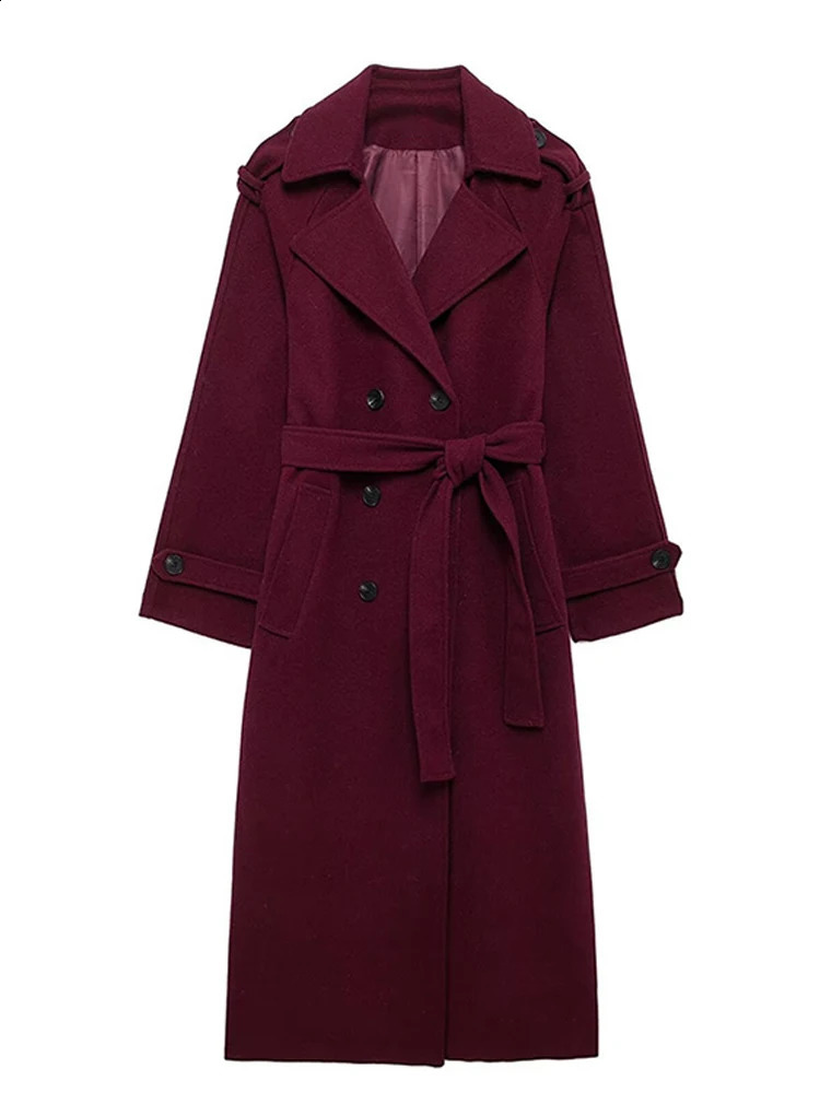 Woolen Double Breasted Trench Coat With Belt Dark Red Fashion Classic British Blend Windbreaker Overcoat Winter Womens Outwear 251209