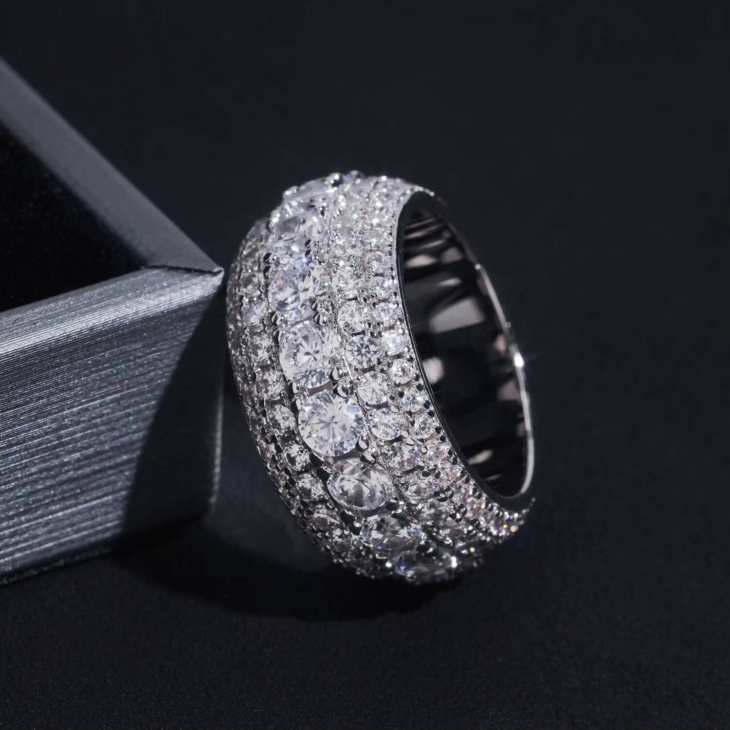 5-Row Moissanite Ring in 925 Sterling Silver Shiny Fashion Jewelry for Men Diamond Tester Passed Nice Gift