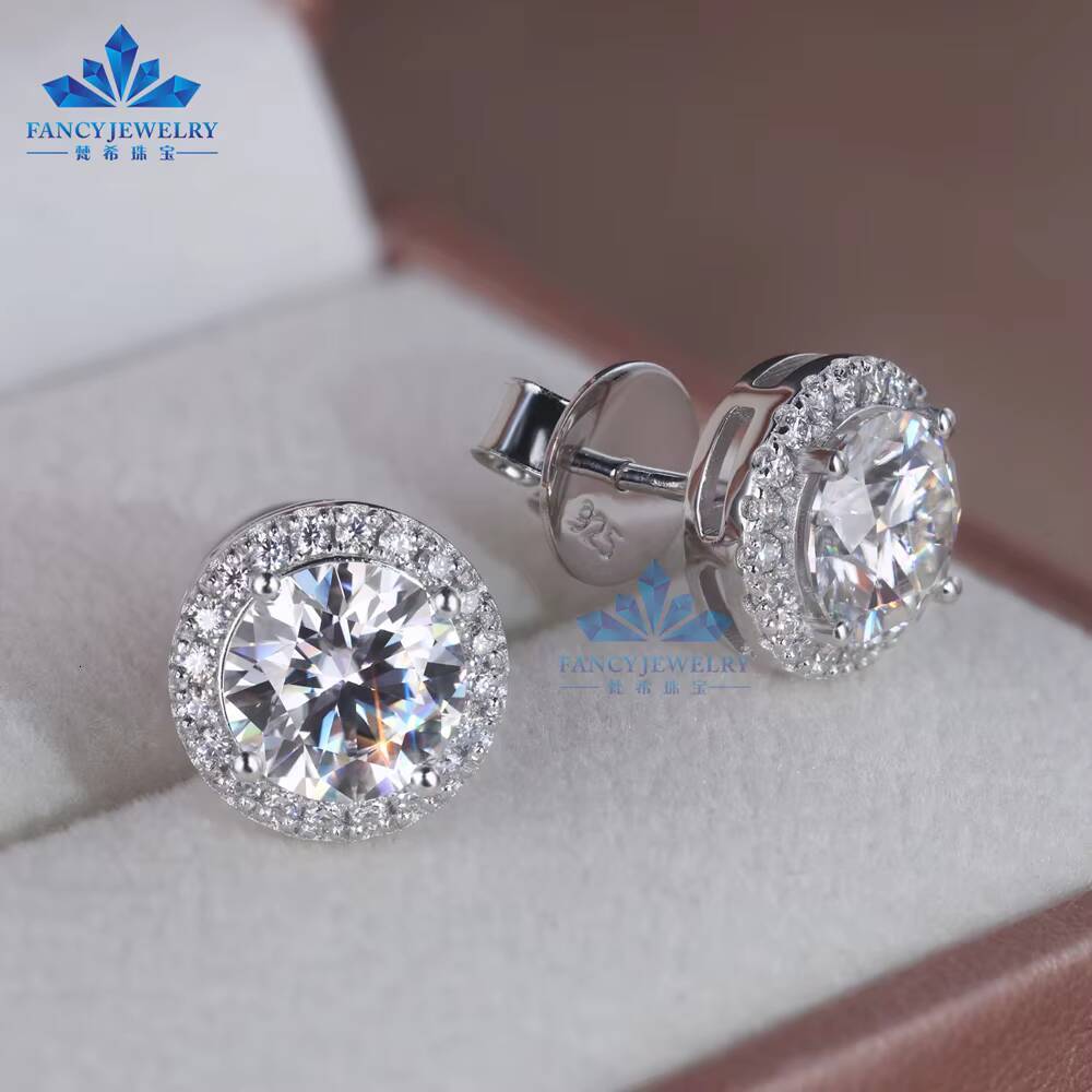Classic Design 5mm 65mm 8mm Moissanite Diamond Def Vvs Round Moissanite Push Back Halo Stud Earrings for Women