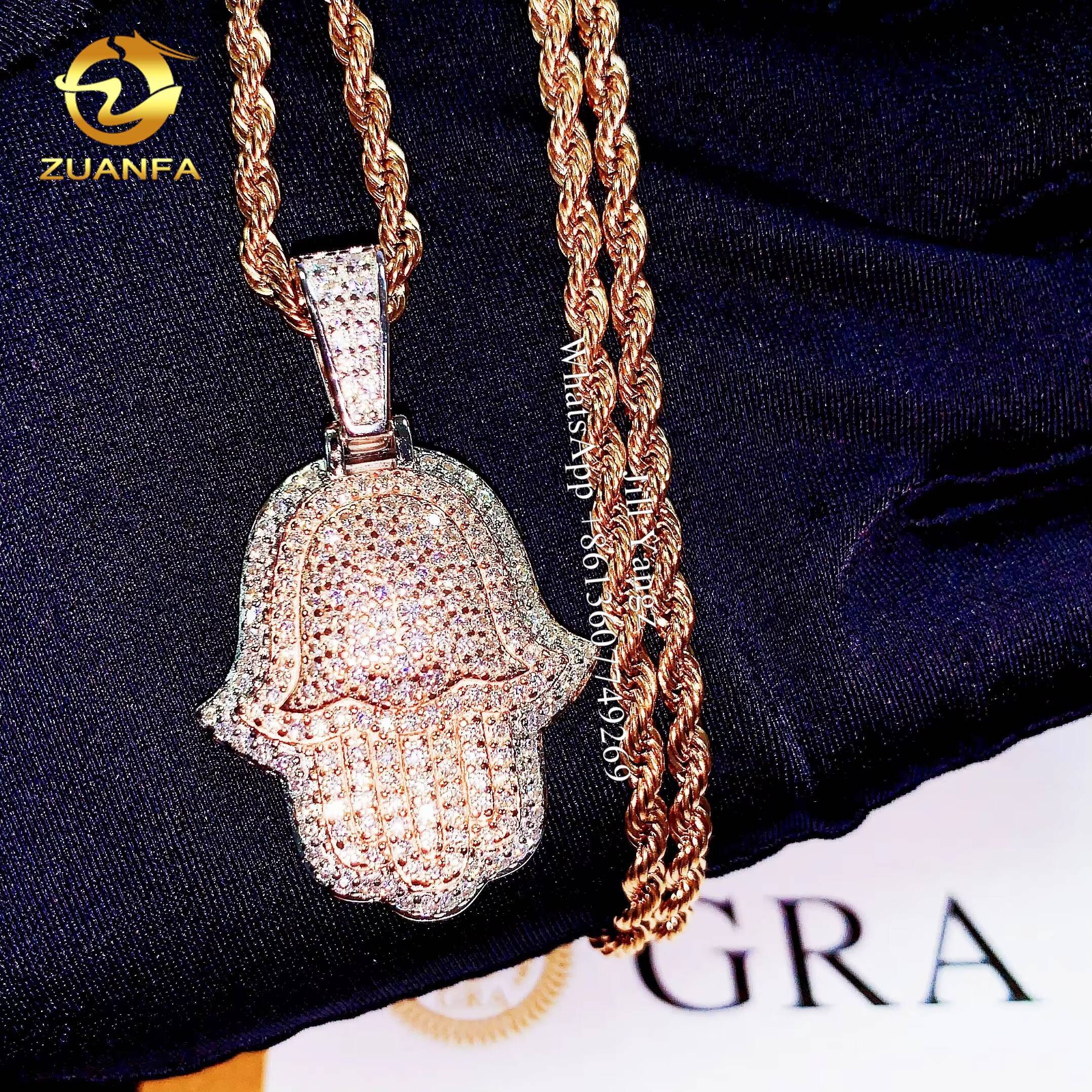 Lucky Charm Hamsa Hand Pendant Moissanite Pendants Fatima Hand Iced Out Jewelry Custom Moissanite Pendant 2 Tone