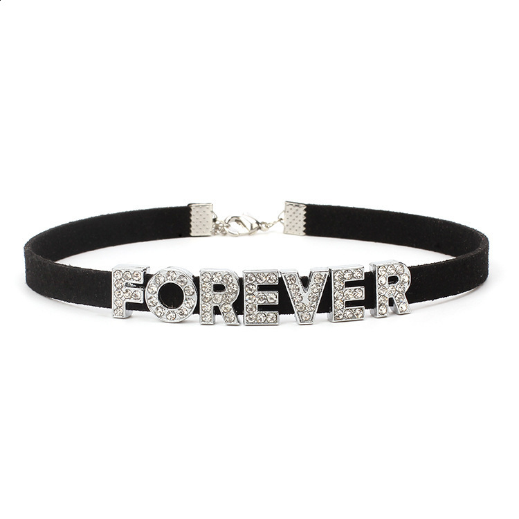 Korean Velvet Short Necklace Choker English Letter Necklace Forever Full Diamond Neck Chain Necklaces Light Luxury