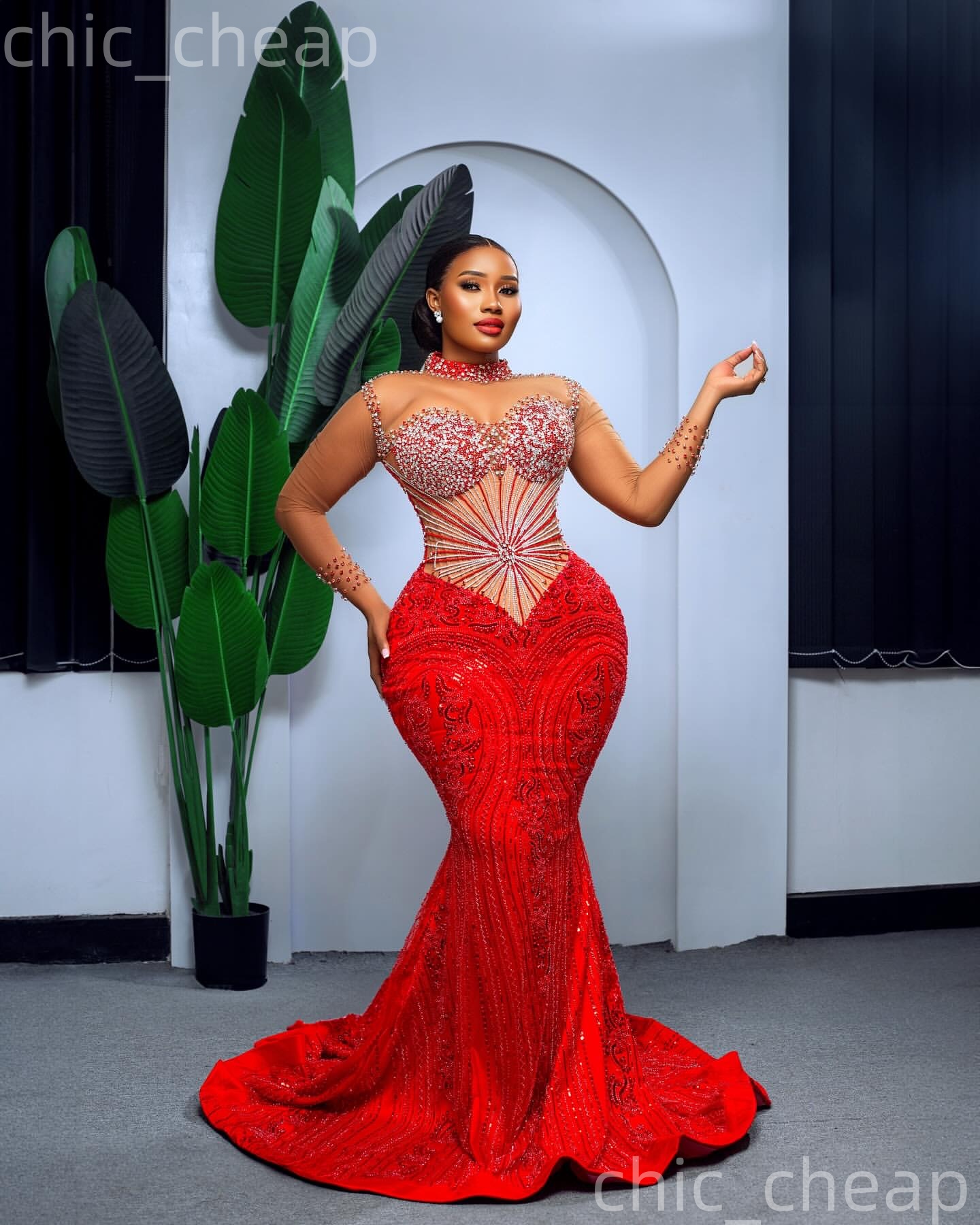 Aso Ebi Red Mermaid Prom Dresses 2026 Full Sleeves Beaded Crystals Evening Formal Party Second Birthday Engagement Gowns Plus Size Dress For Special O