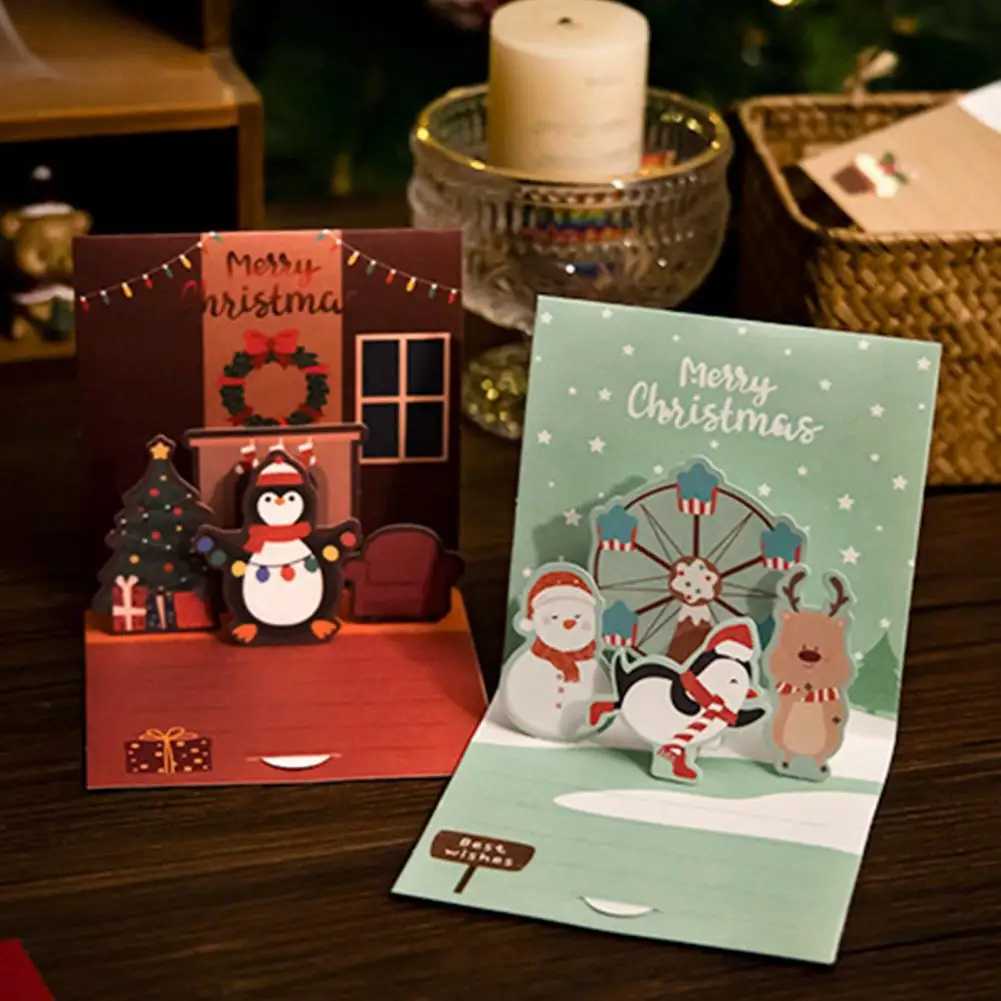 Christmas Greeting Card 3D Up Holiday Greeting Card Xmas Reindeer Santa Greeting Card with Envelope Christmas -up Cards H251210