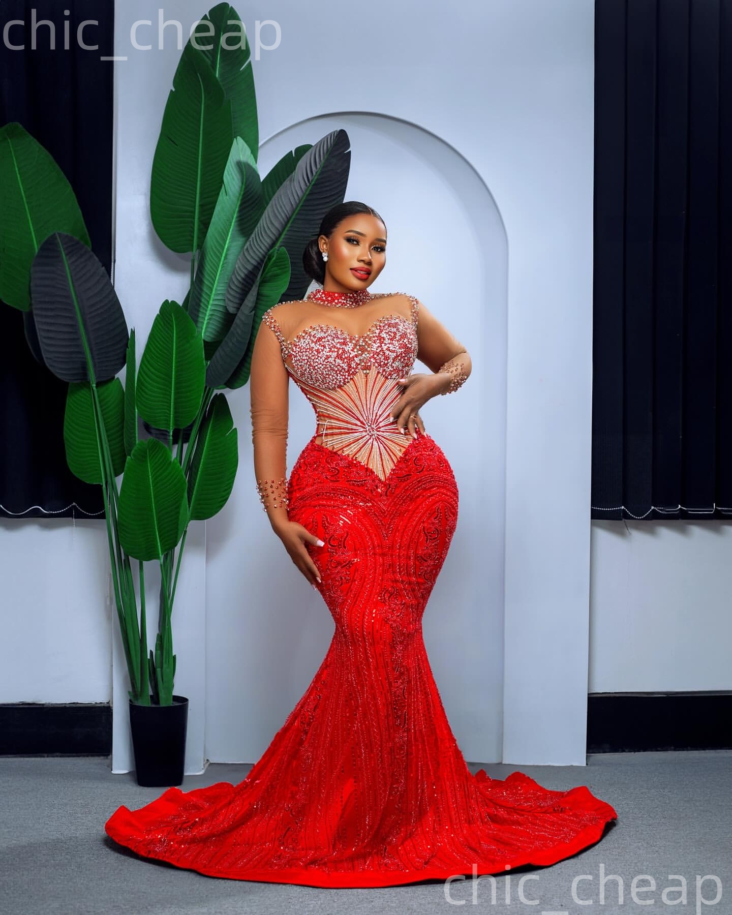 Aso Ebi Red Mermaid Prom Dresses 2026 Full Sleeves Beaded Crystals Evening Formal Party Second Birthday Engagement Gowns Plus Size Dress For Special O