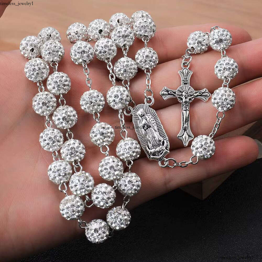 VVS Moissanite 10mm Rhinestone Beads Paved Disco Ball Beaded Necklace Shiny Polymer Clay Catholic Virgin Mary of Guadalupe Rosary