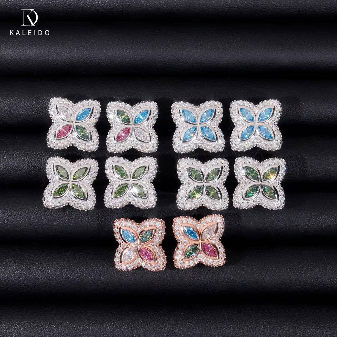 Factory Wholesale 15mm 19mm Color Moissanite Stud Earrings Flower 925 Sterling Silver Fine Jewelry Accessories Hip Hop Jewelry