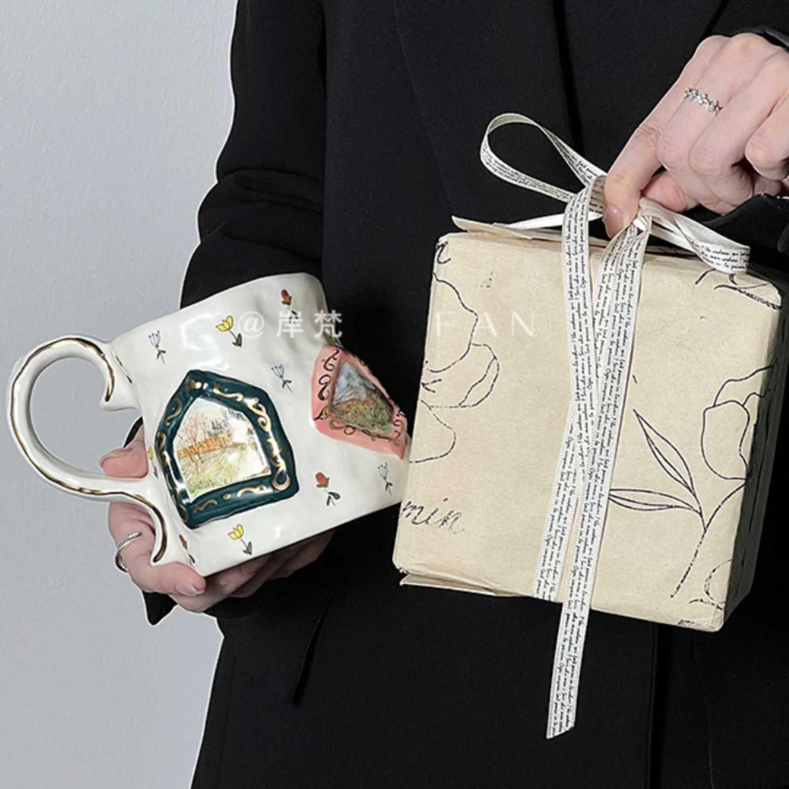 Retro Hand-painted Ceramic Mug Gold Painted Coffee Mugs Large Capacity Breakfast Milk Cups Couple Tea Cup Set Gift C251210