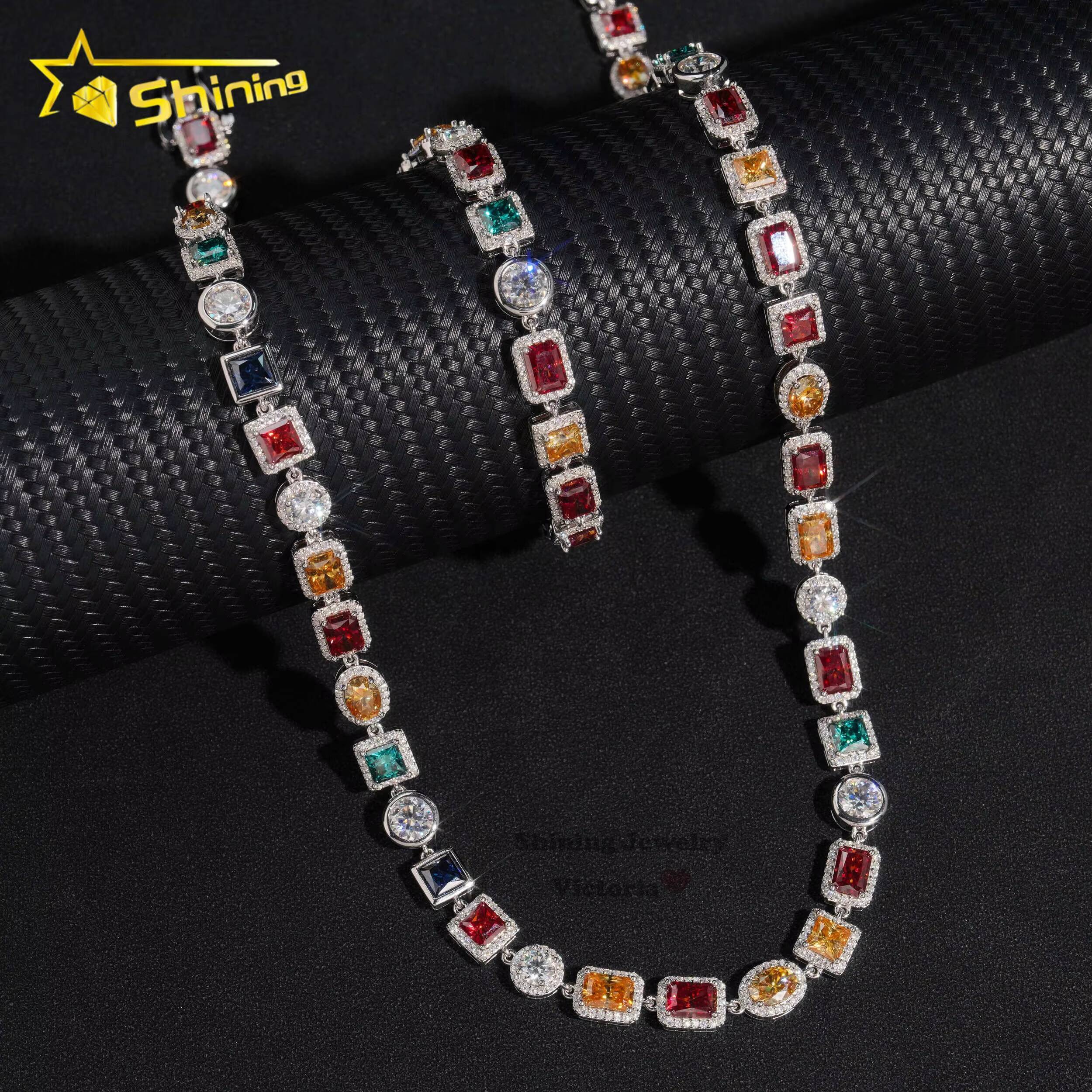 New Fashion Halo Style 925 Sterling Silver VVS Moissanite Diamond Colorful Jewelry 10MM Moissanite Cluster Tennis Chain Necklace