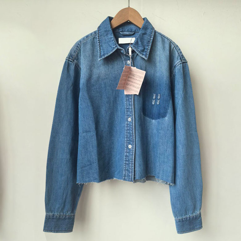 Women Short Shirt Blue Denim Shirts Spring Summer Jean Blouses Designer Loose Fit Blouses