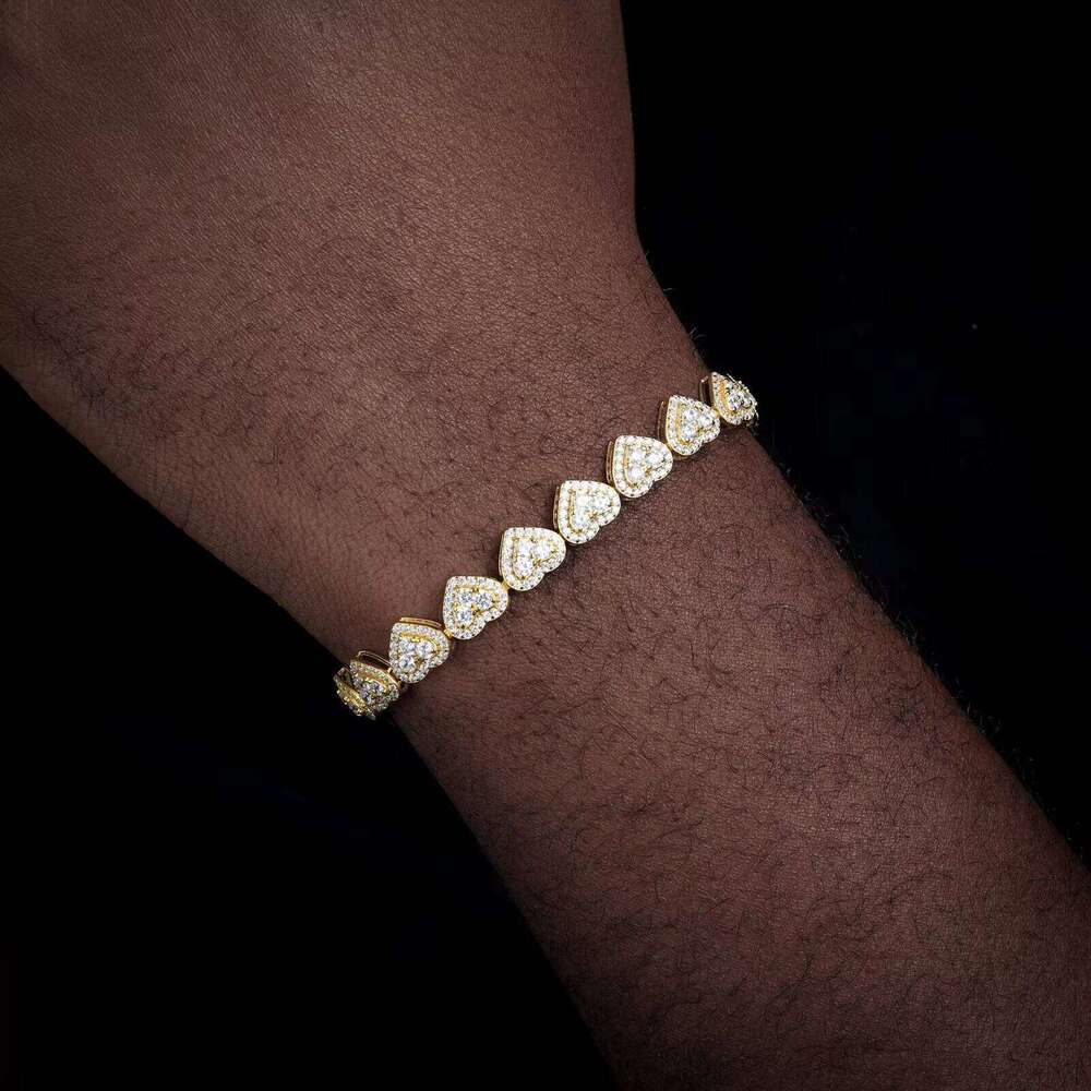 Hip Hop 8mm White Gold 925 Sterling Silver VVS Moissanite Diamond Iced Out Three Stone Heart Link Tennis Bracelet for Men Women