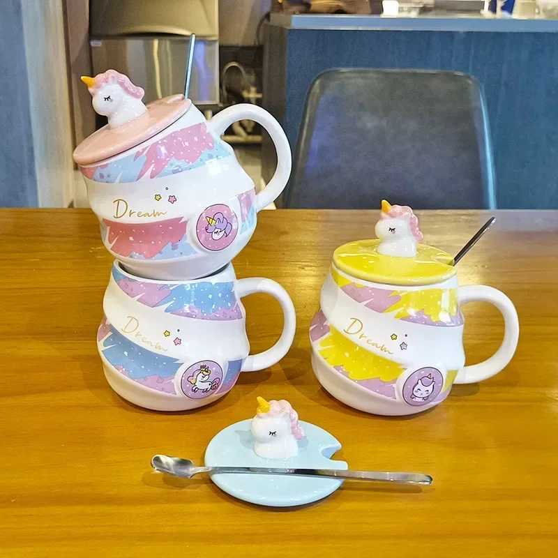 Creative Unicorn Ceramic MugCartoon Covered Spoon Coffee MugsCute Couple Water Cup Breakfast Milk Cups Birthday Gift Tea Cup C251210
