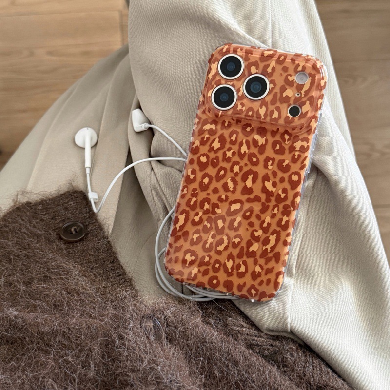 ins Korean Style Orange Leopard Print Compatible with iPhone 17 Apple 16 Pro Max Phone Case 15 Full Coverage Protective Cover
