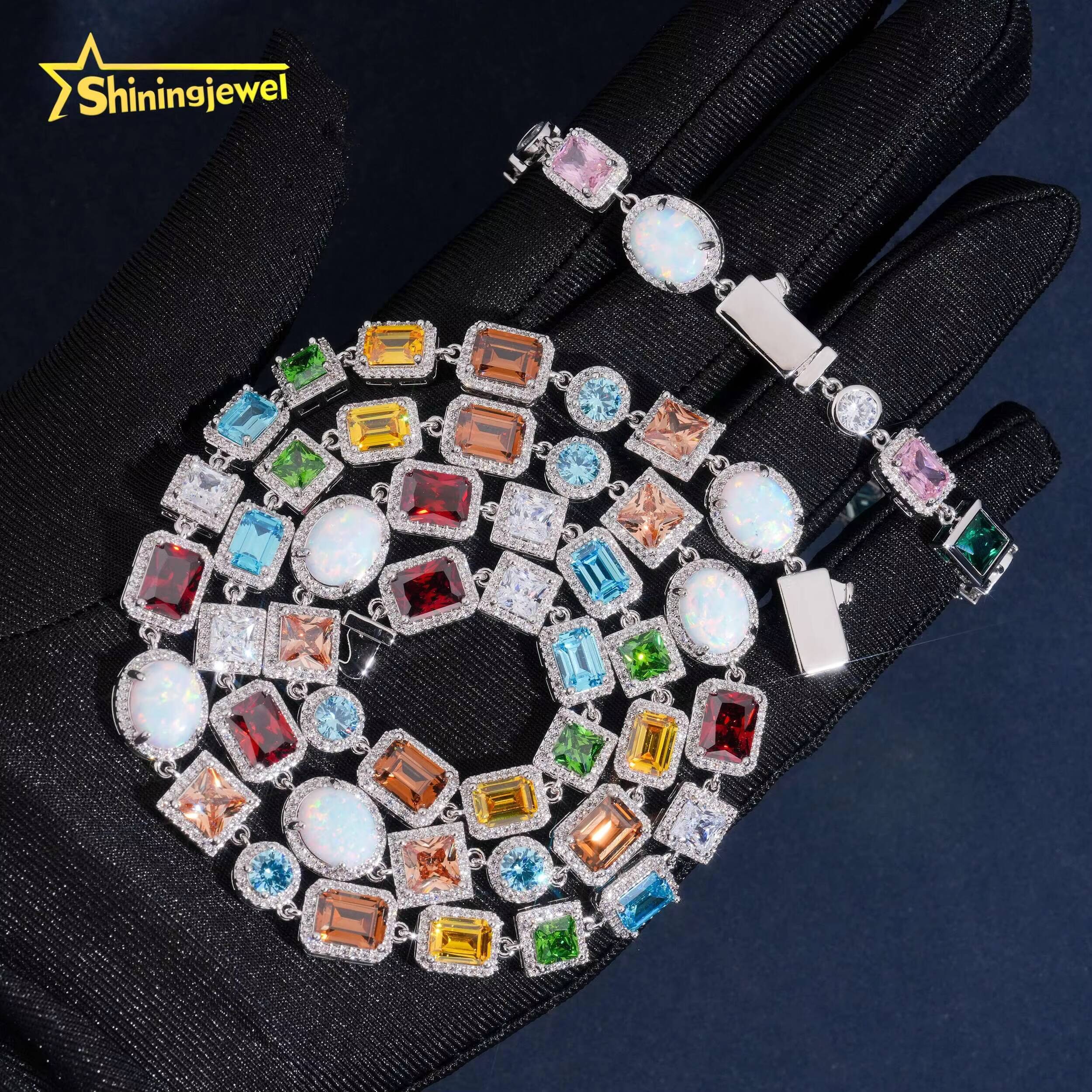 107mm Brass Necklace Iced Out 5A Cubic Zirconia Pink Blue Green Stone Hip Hop Fancy Mix Shape Diamond Jewelry Opal Necklace