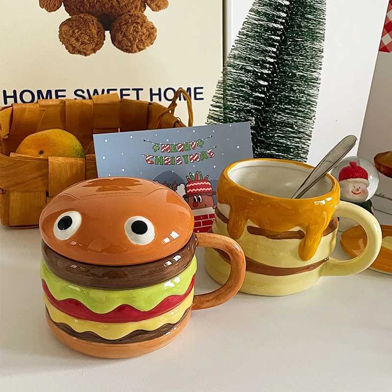 300ML Coffee Mugs Creative Hamburger Shaped Water Cup with Lid Cute and Cute Breakfast Cup Large Capacity Ceramic Hamburger Mug C251210