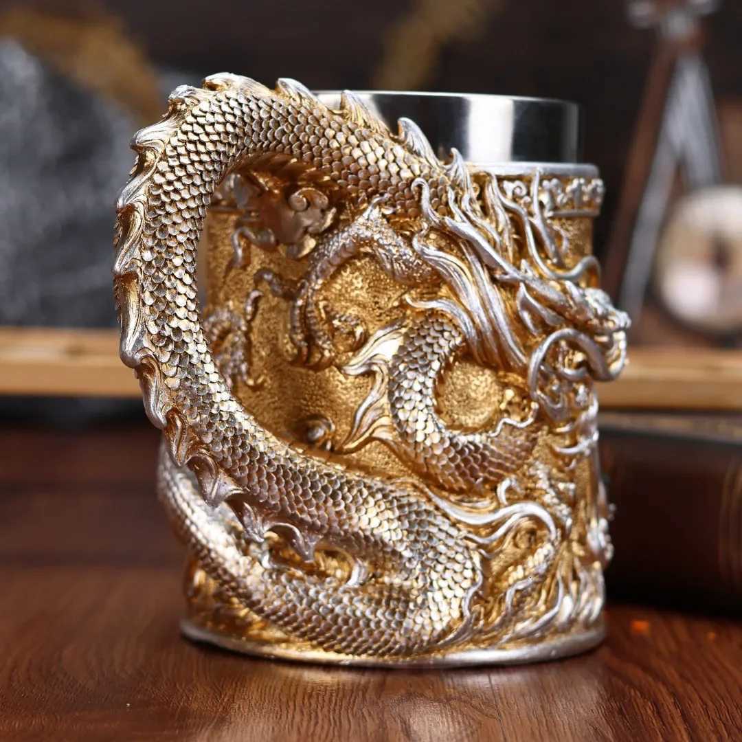 600ML Golden Copper Dragon Beer Resin Tankard 304 Stainless Steel Medieval Tea Cup Coffee Beer Mug Copper Color New Party Bar C251210