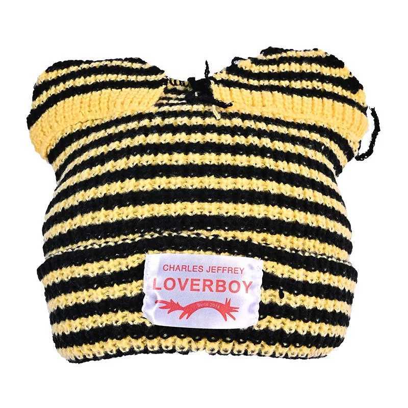 Luxury Cat Ears Wool Hat Womens Autumn and Winter Stripes Thickened Warm Knitted Ear Protector Hat Pig Ears Cartoon Cute Pullover Hat Y251209