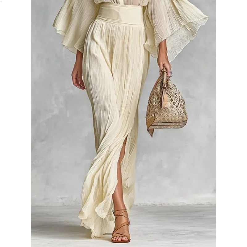 Tinaa Apricot Womens Suit 2026 Spring Ruffles Neck Flare Sleeve Tops High Waist Folds Slit Mermaid Skirt Sets 196198 251205