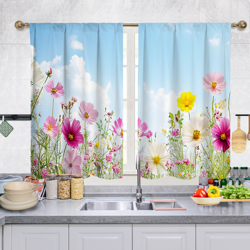 YL-37924 Spring Floral Digital Print Kitchen Filter Curtain Living Room Cafe Bathroom Short Curtain Rod