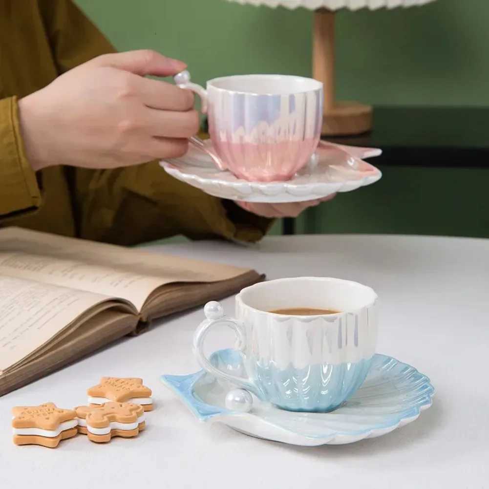Shell Mug Cup Ceramic Coffee Cups Creative Rare Pearl Plates Set Dessert Dish Milk Tea Tools Changes Color Temperature Glass Mug C251210