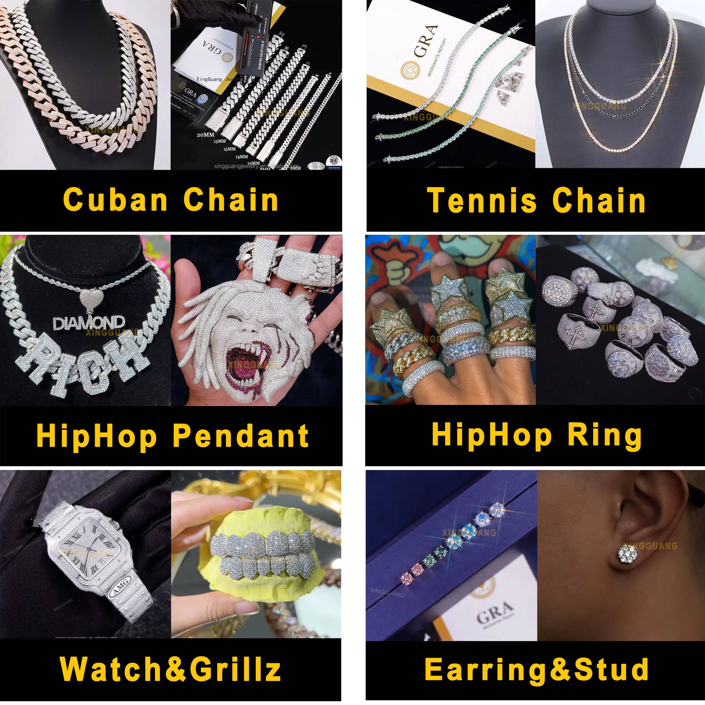 XingGuang Custom Jewelry 925 Silver Chain24mm 4rows VVS Ice Diamond Link Moissanite Cuban Necklace