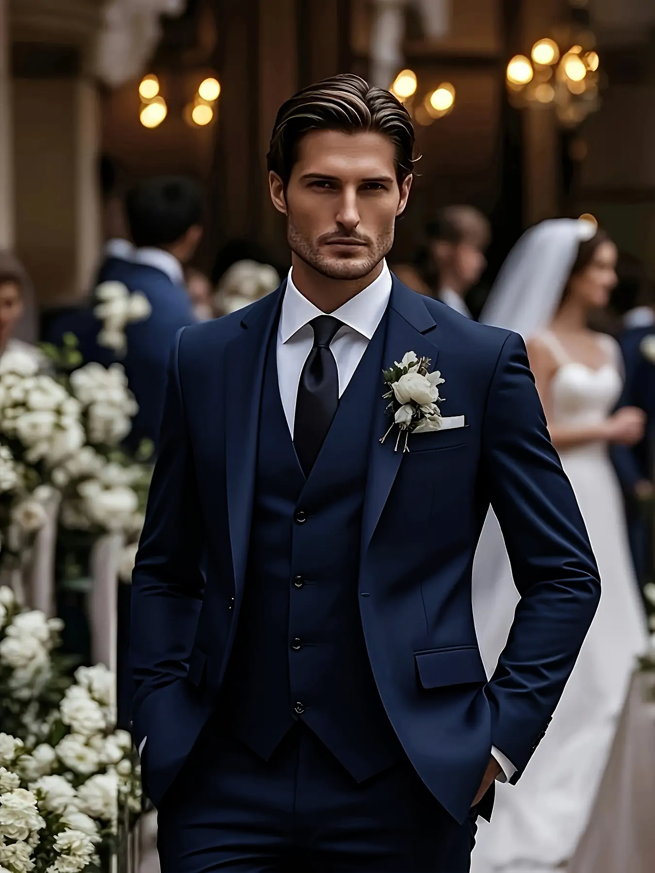 Men's Suits Men's Navy Slim-Fit 3-Piece Peak Lapel Suit - Formal Groom Blazer Vest Trousers for Wedding & Business