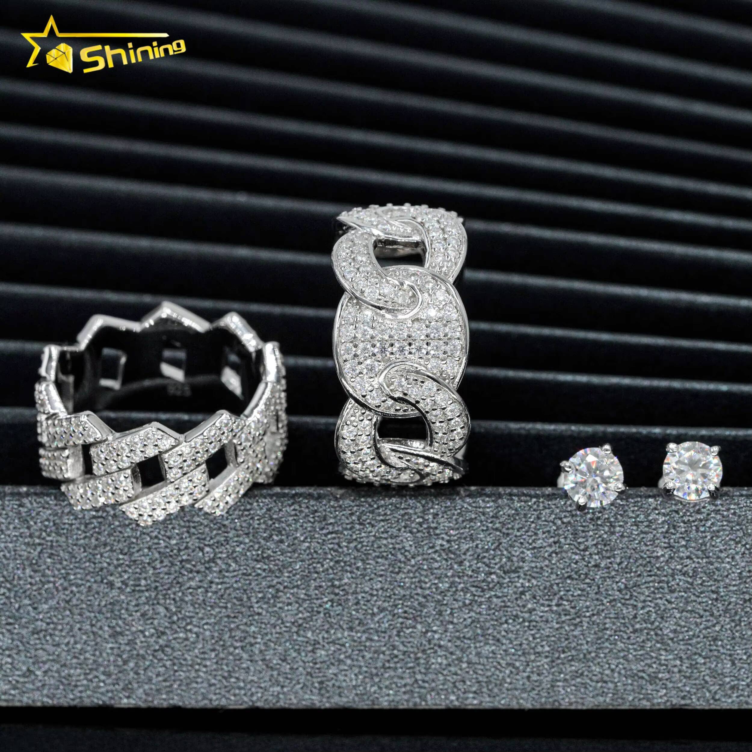 Wholesale Factory Price Rhodium Plated Prong Setting Moissanite Jewelry 925 Silver Iced 2 Row Cuban Hip Hop Unisex Rings