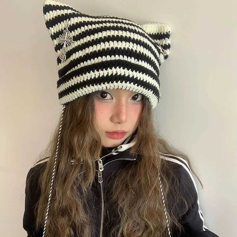Luxury Y2K Beanie Hat Ins Devil Ear Striped Knitted Wool Cap Autumn Winter Hip-hop Crochet Cute Cat Ears Pointed Pullover Womens Hats Y251209