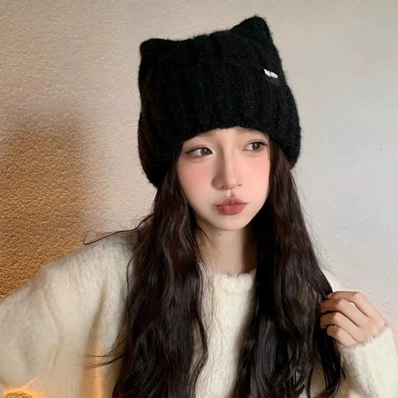 Luxury 1PC Cat Ear Knitted Beanies Cute Winter Warm Wool Hats For Women Korean Style Fashion Headwear Y251209