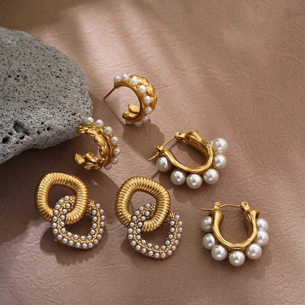 Vintage Stainl Steel Pearl Double Round Earrings for Wen Fashion Golden Color Chunky Hoop Earring Statement Jewelry Gifts Y251210