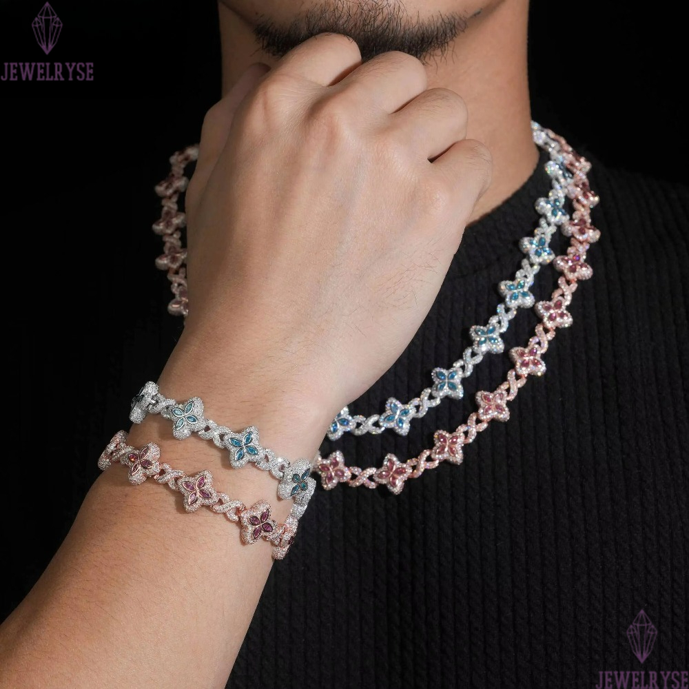 15mm Iced Out Hip Hop Jewelry Bracelet 925 Solid Silver Marquise Diamond VVS D Moissanite Cuban Link Chain Clover Necklace