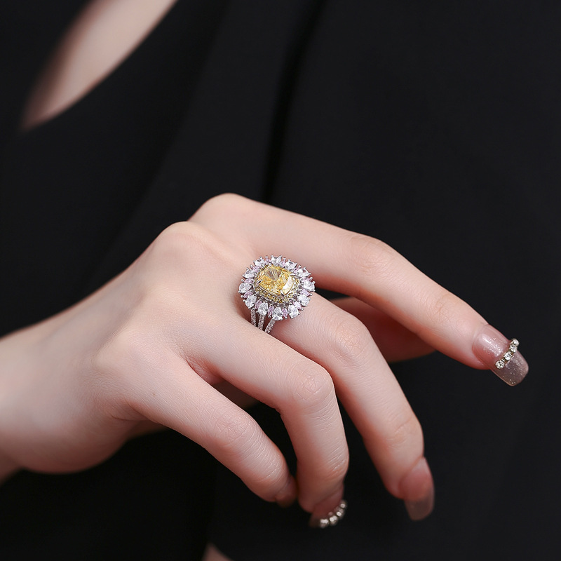 Luxurious Hari Candy Design S925 Sterling Silver Open Bangle Featuring 4 Golden Diamonds a Pink Sapphire Accent Designer Ring Jewelry