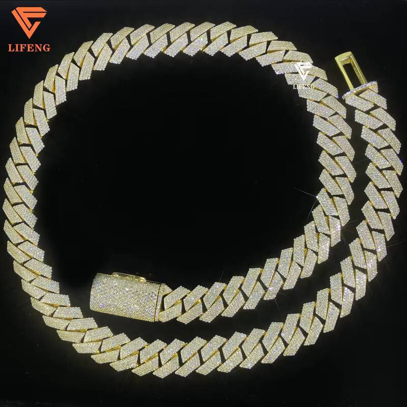 Lifeng Jewelry 15mm 18k Gold Plated Cuban Link Chain Iced Out Hiphop Miami Sterling Silver VVS Moissanite Cuban Chain Necklace