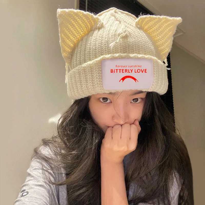 Luxury Unisex Pig Ear Knit Hat Double-layer Warm Cat Ear Woolen Hat Cute Fashion Hooded Cap Thicken Woolen Hip-hop Personality Hat Y251209