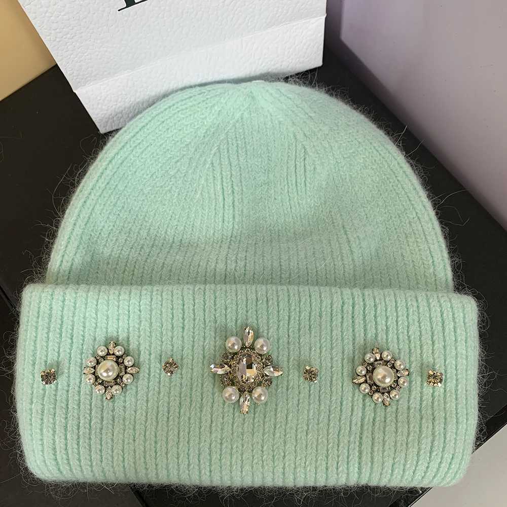 Luxury Designer Brand Women Winter Hats Luxury Rhinestones Rabbit Fur Knitted Hat Female Thicken Warm Knit Bonnet Skullies Beanies Y251209