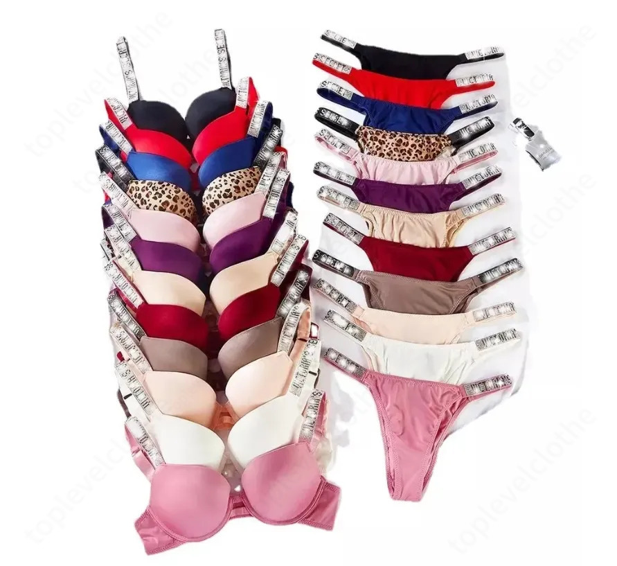 Victoriasecret Bra Set Designer High Quality 5A Women's Underwear Hot Diamond Shoulder Straps Simple And Smooth Bra Large Size Rhinestone Luxury Underwear Sets Cc2