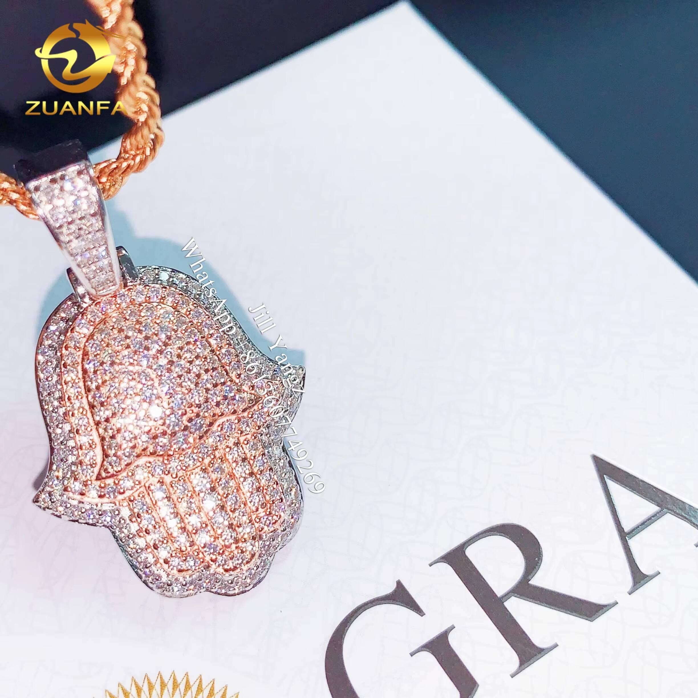 Lucky Charm Hamsa Hand Pendant Moissanite Pendants Fatima Hand Iced Out Jewelry Custom Moissanite Pendant 2 Tone