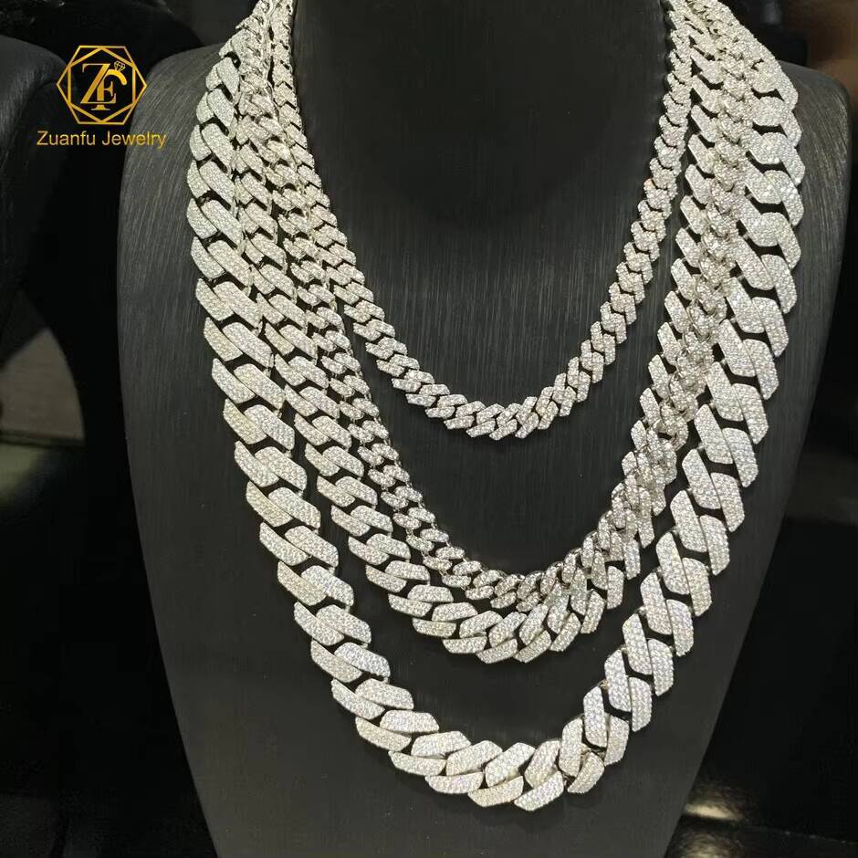 Custom Wholesale Hip Hop Necklace 925 Sterling Silver 8MM 10MM 12MM Iced Out VVS Moissanite Cuban Link Chain Moissanite Jewelry