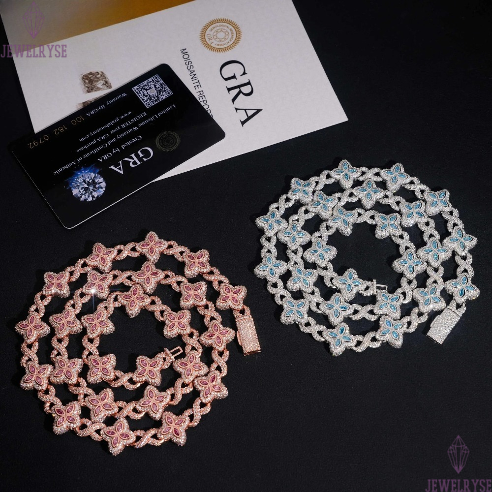 15mm Iced Out Hip Hop Jewelry Bracelet 925 Solid Silver Marquise Diamond VVS D Moissanite Cuban Link Chain Clover Necklace