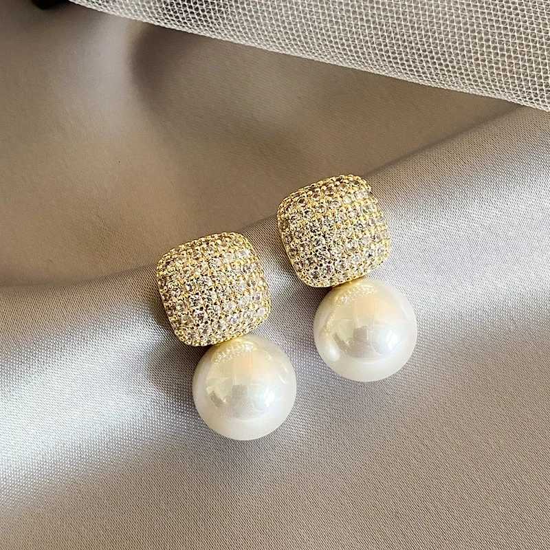 Luxury Shiny Micro Set Zircon Gold Color Square Metal Pearl Stud New in Earrings 2025 Jewelry Party Wens Fashion Accories Y251210