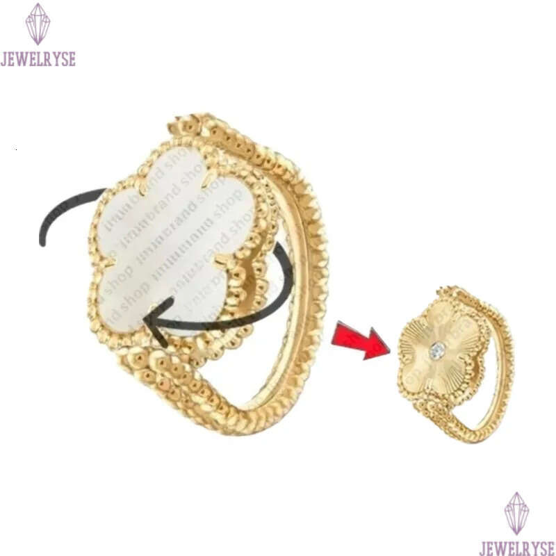 jewelry woman 15mm clover Minimalist lucky flower mother of pearl turquoise rotatable 925 silver rose gold jewelery luxury designer ring