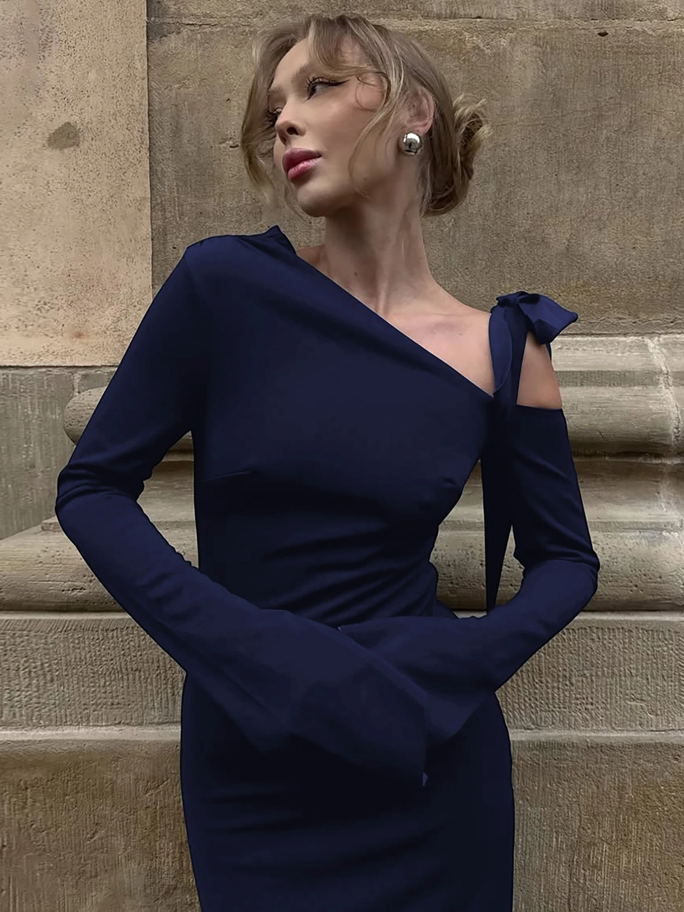 Dulzura Womens Long Sleeve Lace-Up Side Slit Dress - Autumn Shoulder Style for Party and Club Wear C260311