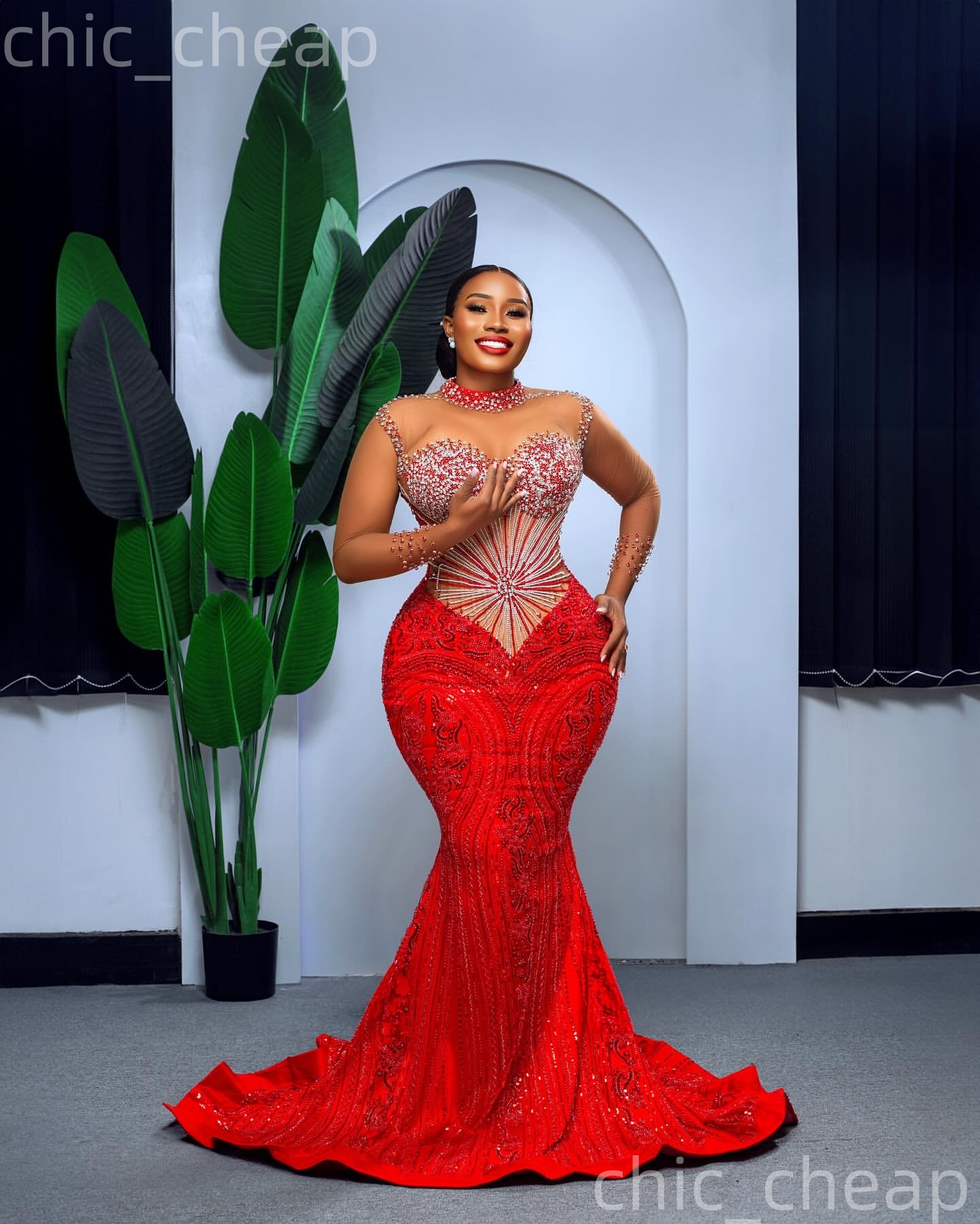 Aso Ebi Red Mermaid Prom Dresses 2026 Full Sleeves Beaded Crystals Evening Formal Party Second Birthday Engagement Gowns Plus Size Dress For Special O