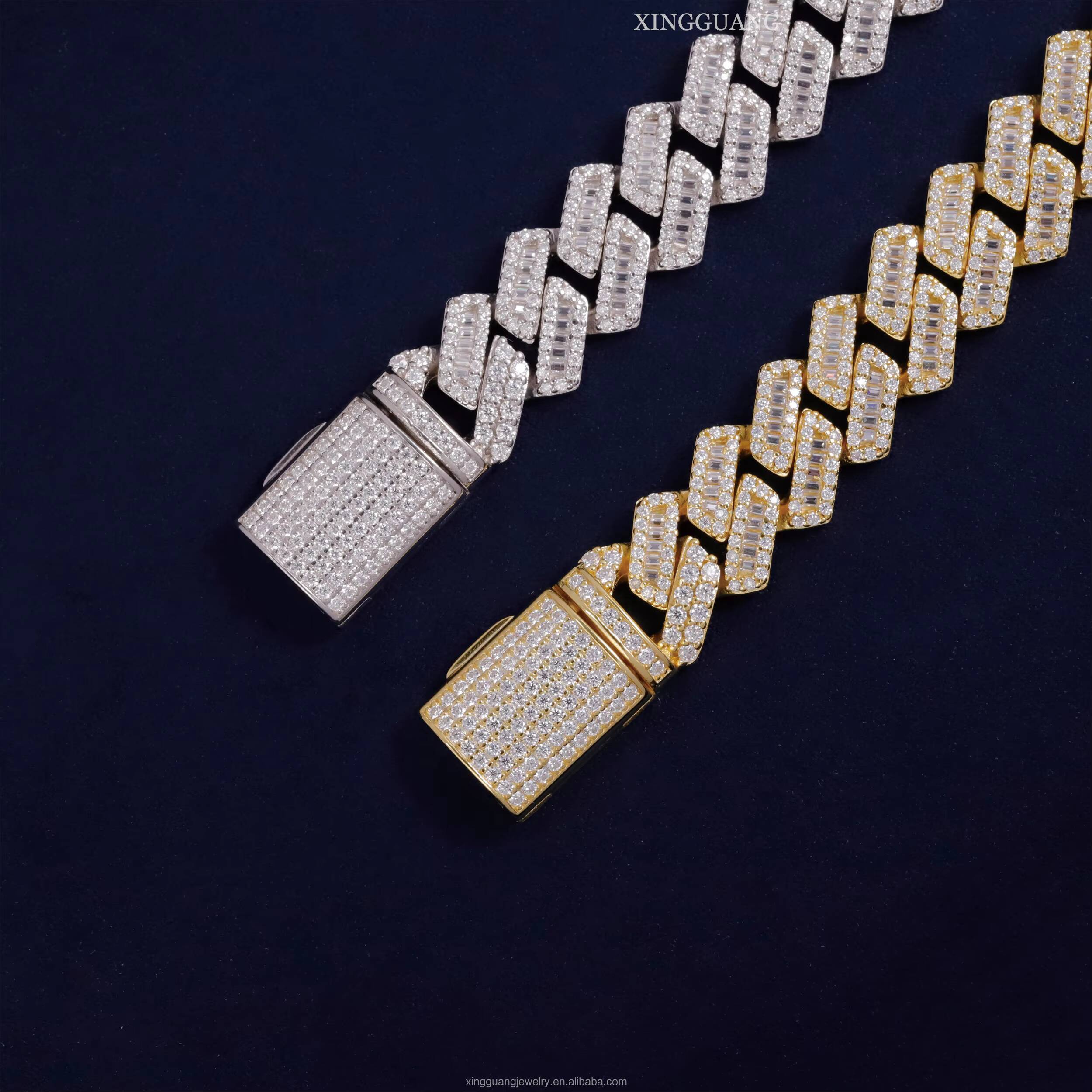 XingGuang 13mm Moissanite Cuban Link Chain VVS Baguette 925 Silver White Gold Plated Bracelet Hip Hop Cuban Chain