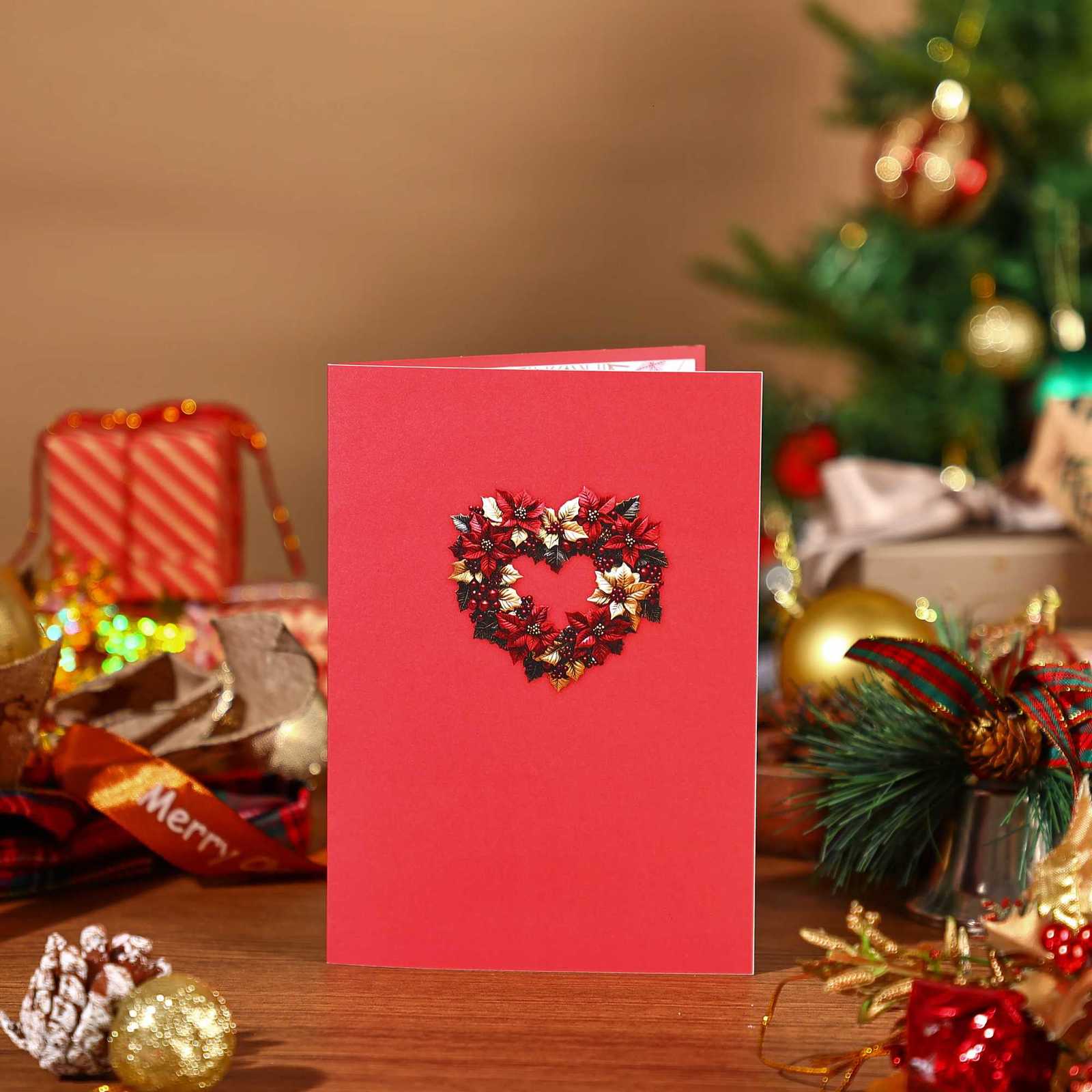 1pc Merry Christmas -Up Card Christmas Tree Woodland Reindeer Cardinal Poinsettia Greeting Card with Note Card and Envelop H251210