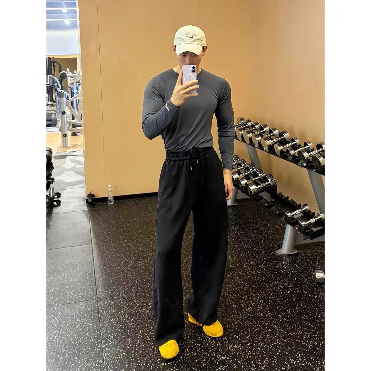 Men's solid-colored straight-leg loose casual fitness pants