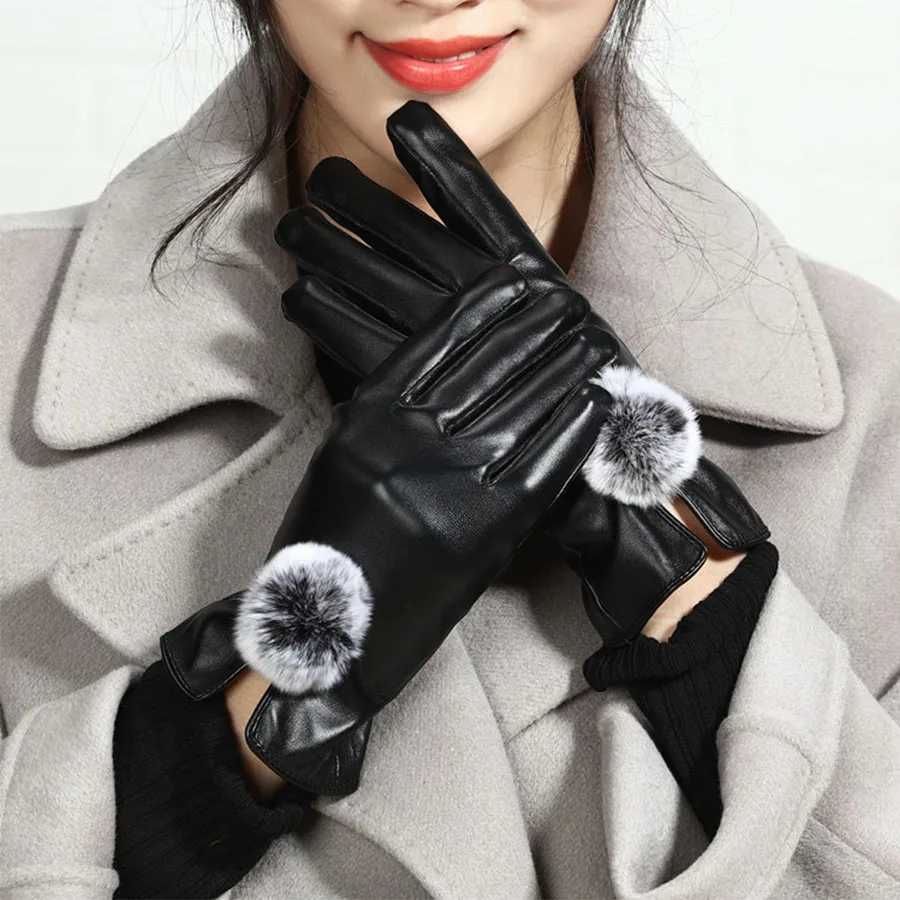 Fashion Winter Gs Wen Black Waterproof Faux PU Leather Cashmere Warm Gs Driving Mittens Touch Screen Gs Y251210