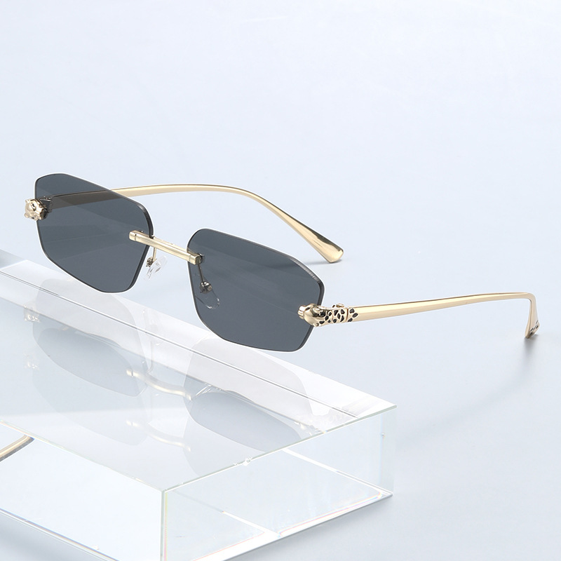 Cheetah Decorated Frameless Polygonal Sunglasses for Men and Women Retro Cheetah Head Metal Shades