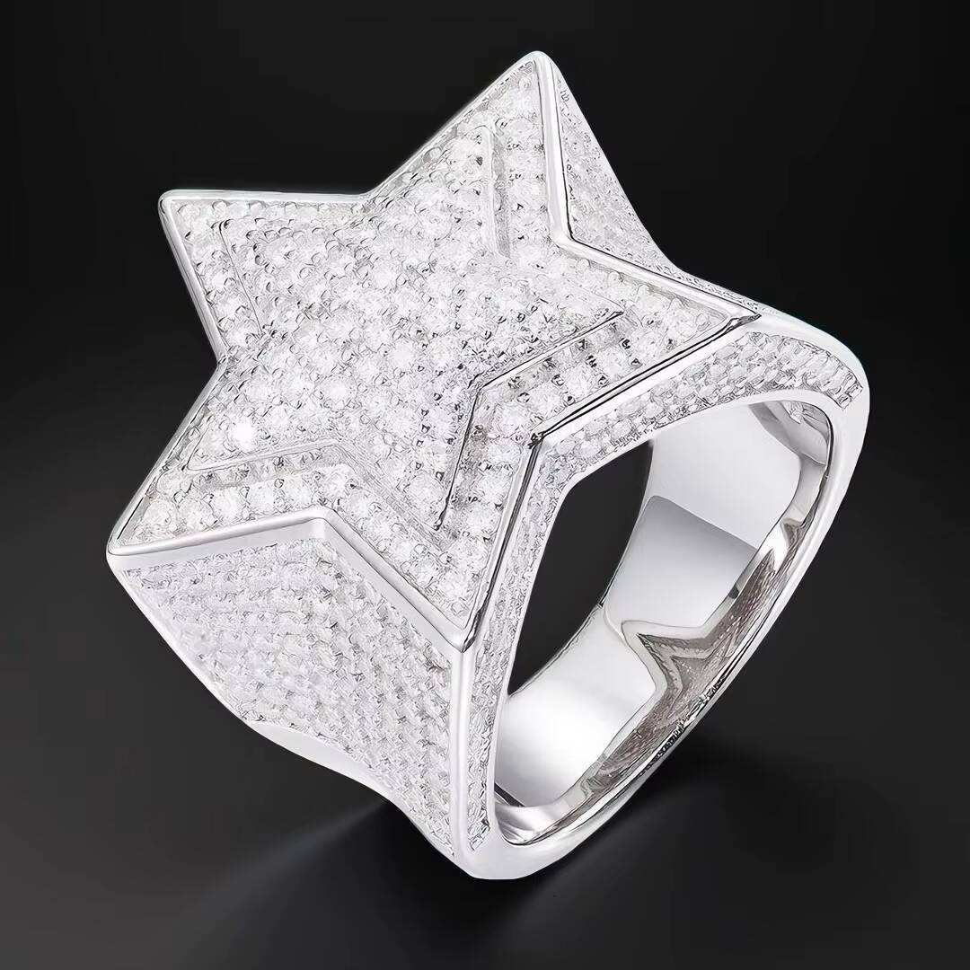 Best Selling Luxury Jewelry S925 Silver Set Moissanite 18K Gold Plated Ice Out Five-Pointed Star Hip-Hop Ring