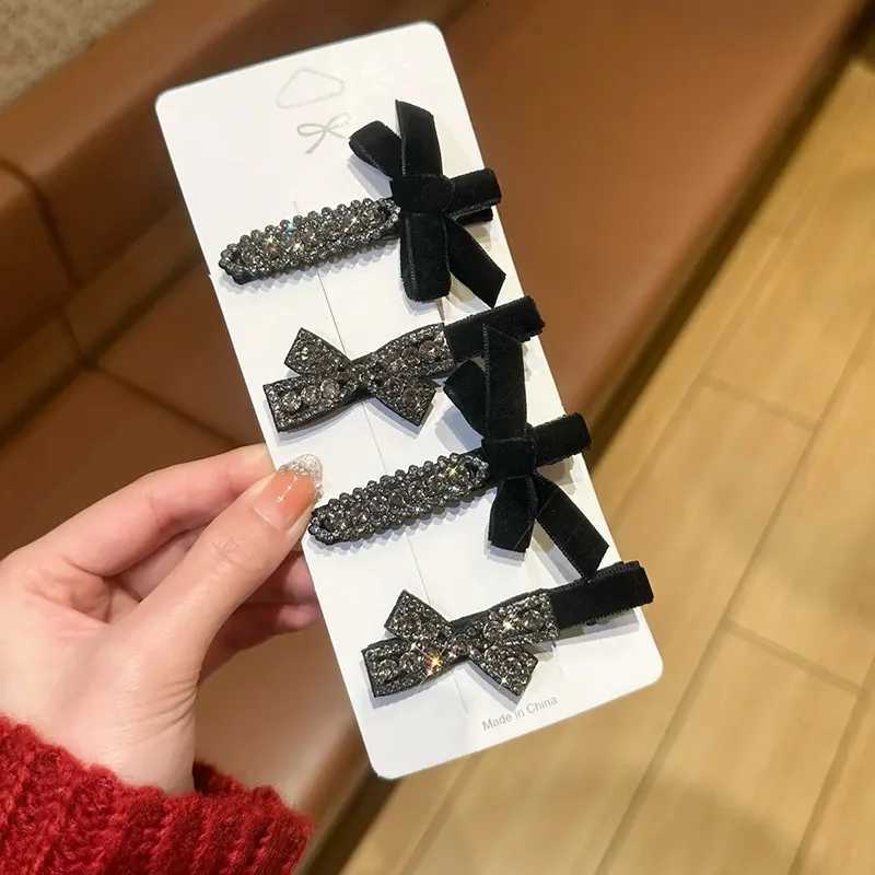 2pcs/set Sweet Bow Rhinestone Hair Clips Girls Kaii Cute Heaear Veet Bowknot Duckbill Clips Kids Sided Clips Bangs Hairpin Y251210