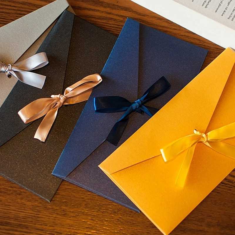 10Pcs/Set Retro Pearlescent Paper Envelope Bow Thick Ribbon Creative Color Greeting Card Bags for Wedding Invited Gift Postcards H251210